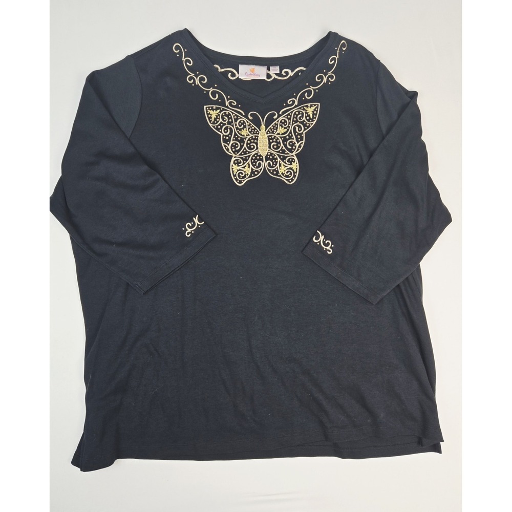 Womens Quacker Factory shirt sz 3X black gold butterfly sequin